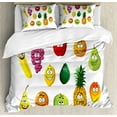 thumbnail image 1 of Fruit King Size Duvet Cover Set, Colorful Smiling Happy Food Orange Banana Grape Pear Avocado Funny Cartoon Image, Decorative 3 Piece Bedding Set with 2 Pillow Shams, Multicolor, by Ambesonne, 1 of 3