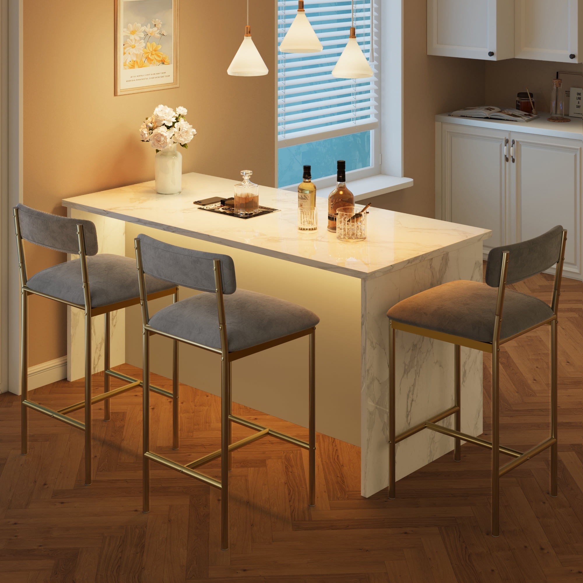 Bar Stools Set of 2, Upholstered Height Bar Stools with Backrest and Footrest, Kitchen Barstools for Island, Counter Bar, Easy Assembly, Gold + Velvet Gray