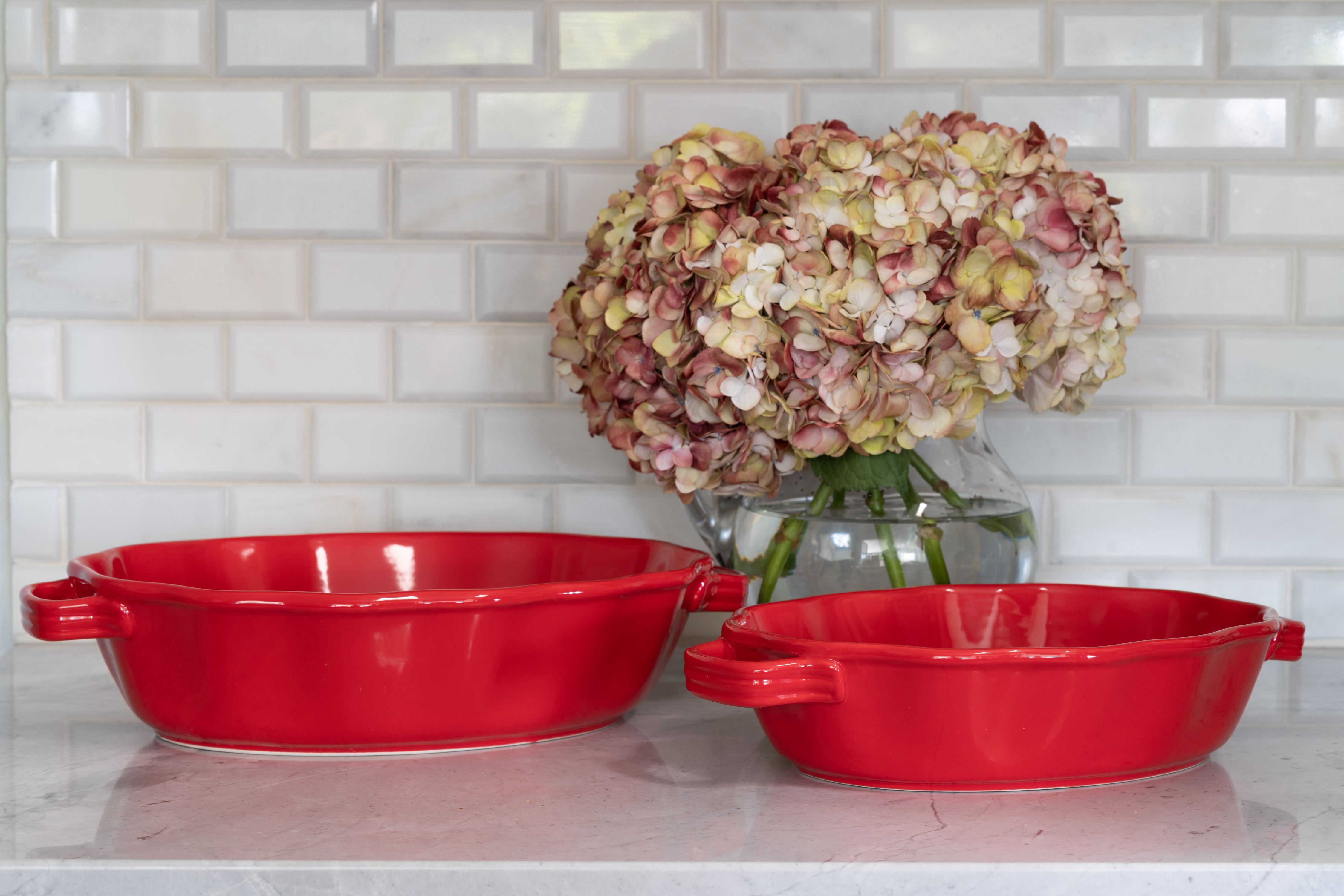 10 Strawberry Street Ruffled Oval Ceramic Bakers Set of 2, Red