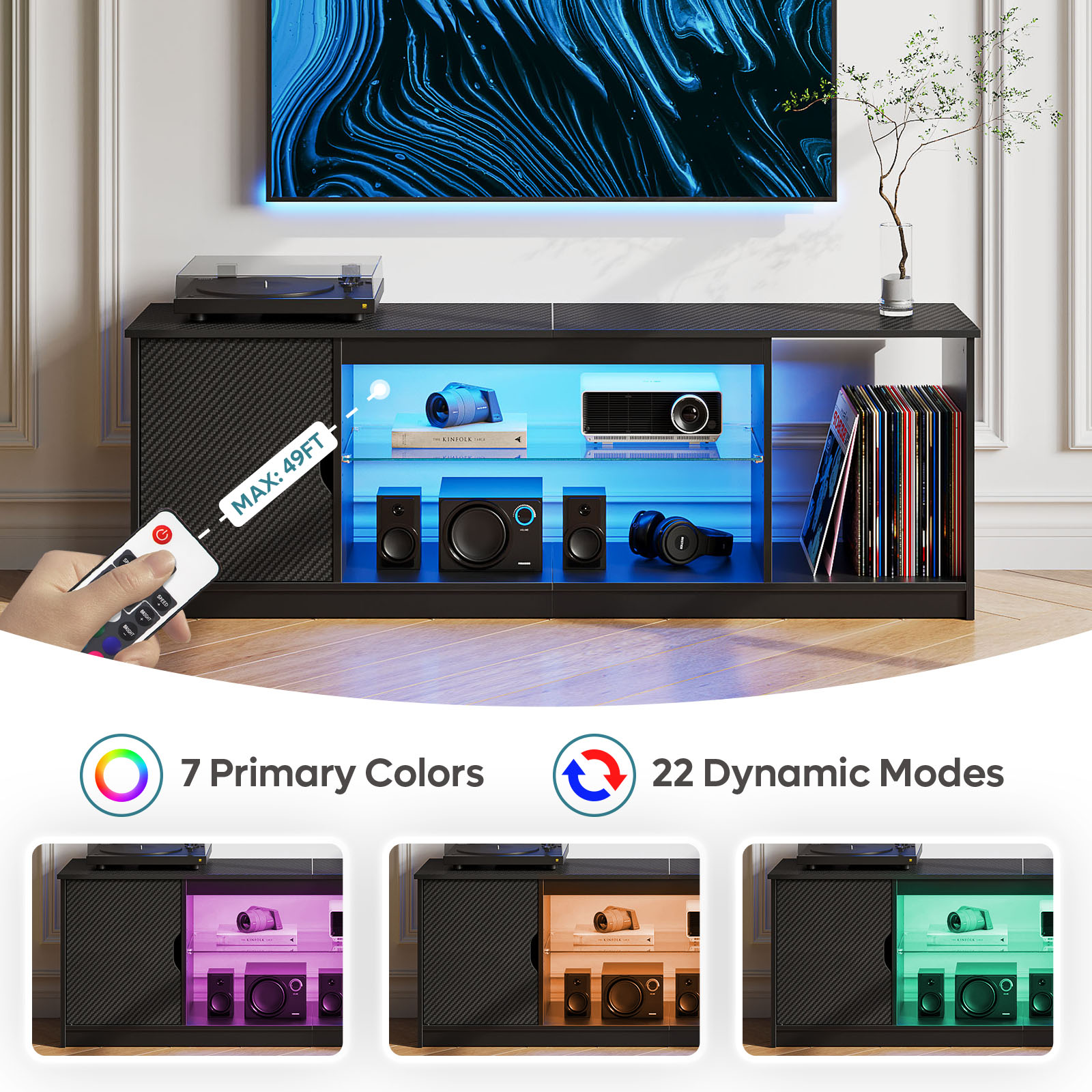 Bestier LED TV Stand for 65" TV, Black Carbon Fiber photo 3