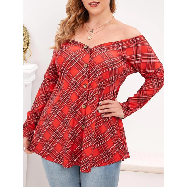 Botón a cuadros V-cuello ancha más tapa del tamaño Rosegal Blusas Tallas Grandes