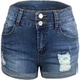thumbnail image 4 of Pantalones cortos de mezclilla para mujer Pantalones cortos de mezclilla rasgados de encaje en contraste de cintura bajaAzul oscuroX-Large, 4 of 5
