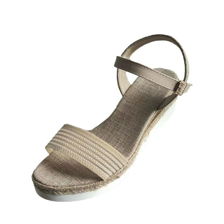 CTEEGC Womens Open Toe Sandals Summer Roman Style Slope Heel Sandals Woven  Back Trip Strap Beach Sandals 