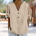thumbnail image 6 of Ashyfjp Womens Tops Casual Loose-Fit Solid Color Short Sleeve V-Neck Button-Up Tie-Front Comfortable Shirts for Women, Beige, S, 6 of 7