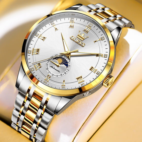 OLEVS Automatic Watches for Men Self Winding Mechanical Business Dress Moon Phase Luminous Stainless Steel Luxury Mens Watches with Two Tone Men Wrist Watches Reloj para Hombre