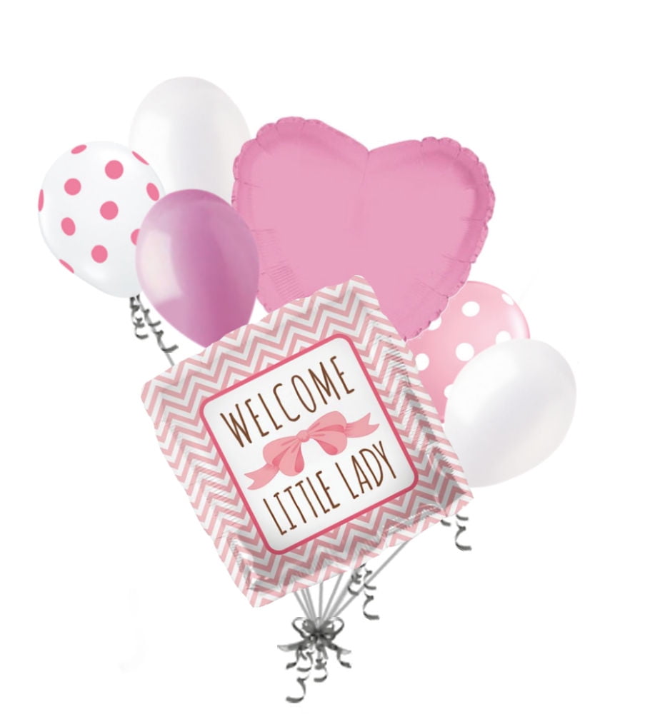 7 pc Welcome Little Lady Pink Bow Baby Girl Balloon Bouquet