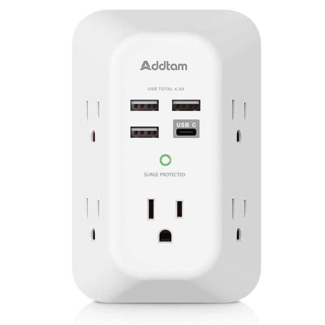 Regleta de enchufes Addtam con cargador USB y protector contra sobretensiones, 5 tomas