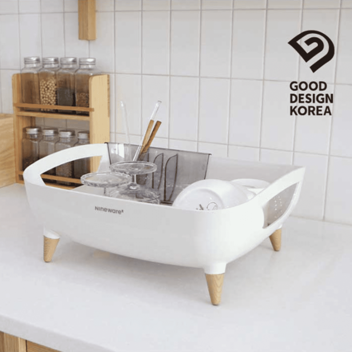 Nineware Wide Volume Dish Drying Rack | 17.3 x 15 x 7.1" (44x38x18cm), 360° Rotatable water drain | Large utensil holder included | Made in Korea
