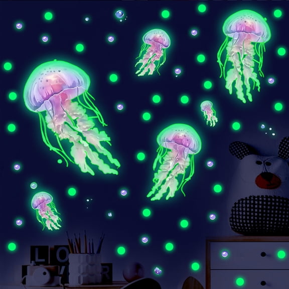 Luminous Decals Green Glow in the Dark Jellyfish Wall Stickers with 32 Pcs Dots Decals Removable DIY Decor for Bedroom Living Room Playroom
