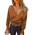 thumbnail image 1 of Asyoly Women Cable Knit Sweater Long Sleeve Deep V Neck Solid Color Wrap Slim Lace Sexy Pullover Ribbed Hem Jumper Elegant Knitwear Top, 1 of 7