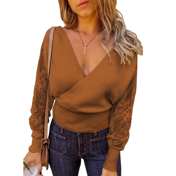 Asyoly Women Cable Knit Sweater Long Sleeve Deep V Neck Solid Color Wrap Slim Lace Sexy Pullover Ribbed Hem Jumper Elegant Knitwear Top