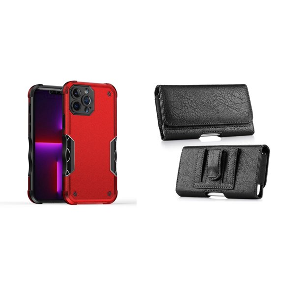 Case with Belt Holster Bundle for iPhone 14 Plus: Slim EX Hybrid Series Shockproof Case (Red) and Coin Card Wallet Phone Pouch