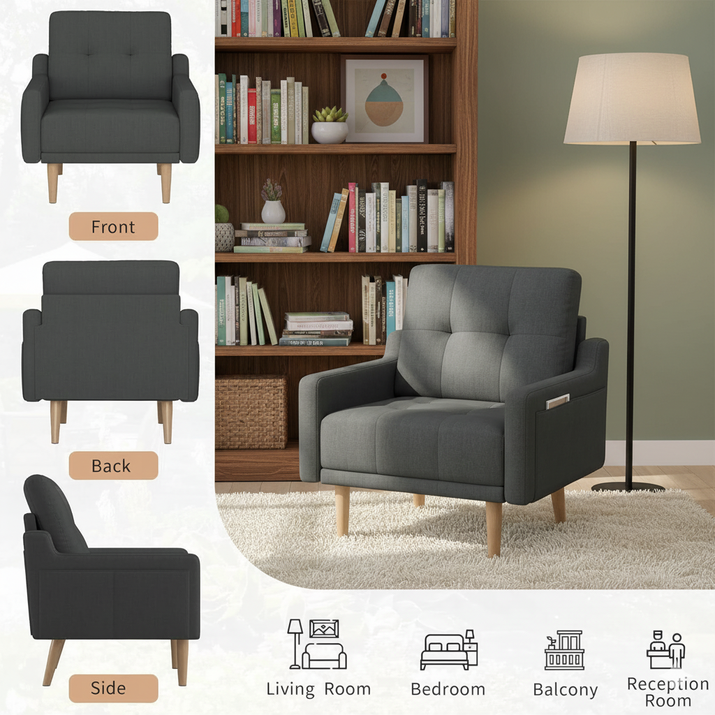 Mid Century Modern Accent Chair Reading Chair with Wood Legs, Upholstered Armchair Fabric Single Sofa Chair for Living Room & Bedroom (Dark Gray)