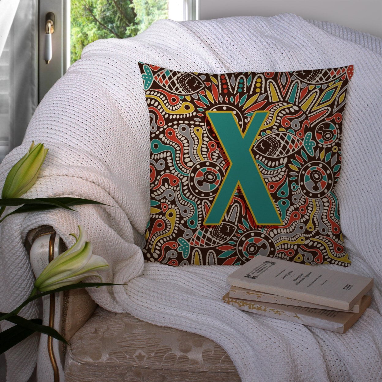 Letter X Retro Tribal Alphabet Initial Fabric Decorative Pillow