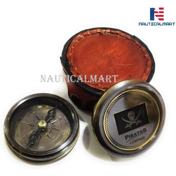 Brass Compass Pirates of Caribbean Jack Sparrow 2" Pocket Antique Gift with Beautiful Leather Case