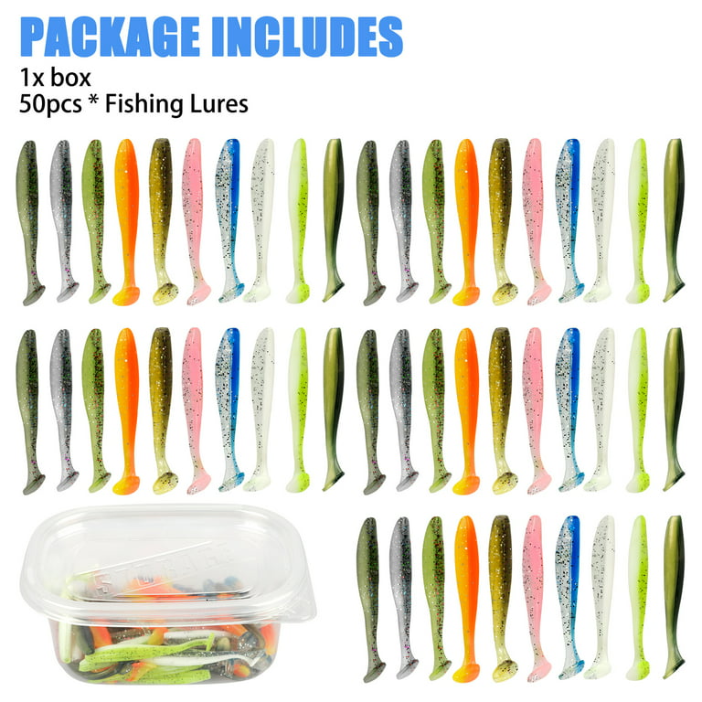 100/50PCS Soft Fishing Lures, TSV 2 T-tail Soft Baits Kit Stinger Shade  Grubs Assorted Mixture Crappie Quiver Tail for Bass, Hook Slot, Trout