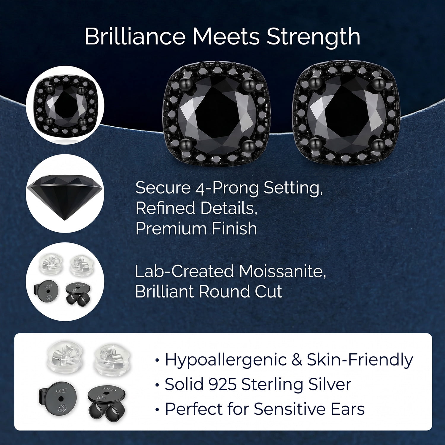 MomentWish 2 Carat Black Moissanite Stud Earrings for Women Men 925 Sterling Silver Halo Studs Father's Day Gift