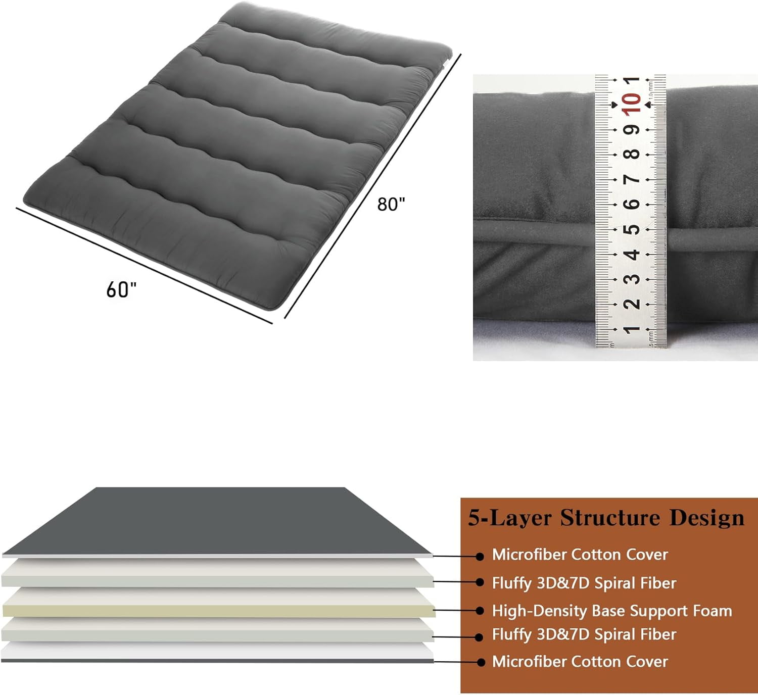 Trilenars Japanese Futon Mattress FULL Size,Floor Mattress for Adults Futon Floor Mat Foldable Sleeping Mattress,Tatami Mat,Camping Pad,Wave Dark Grey