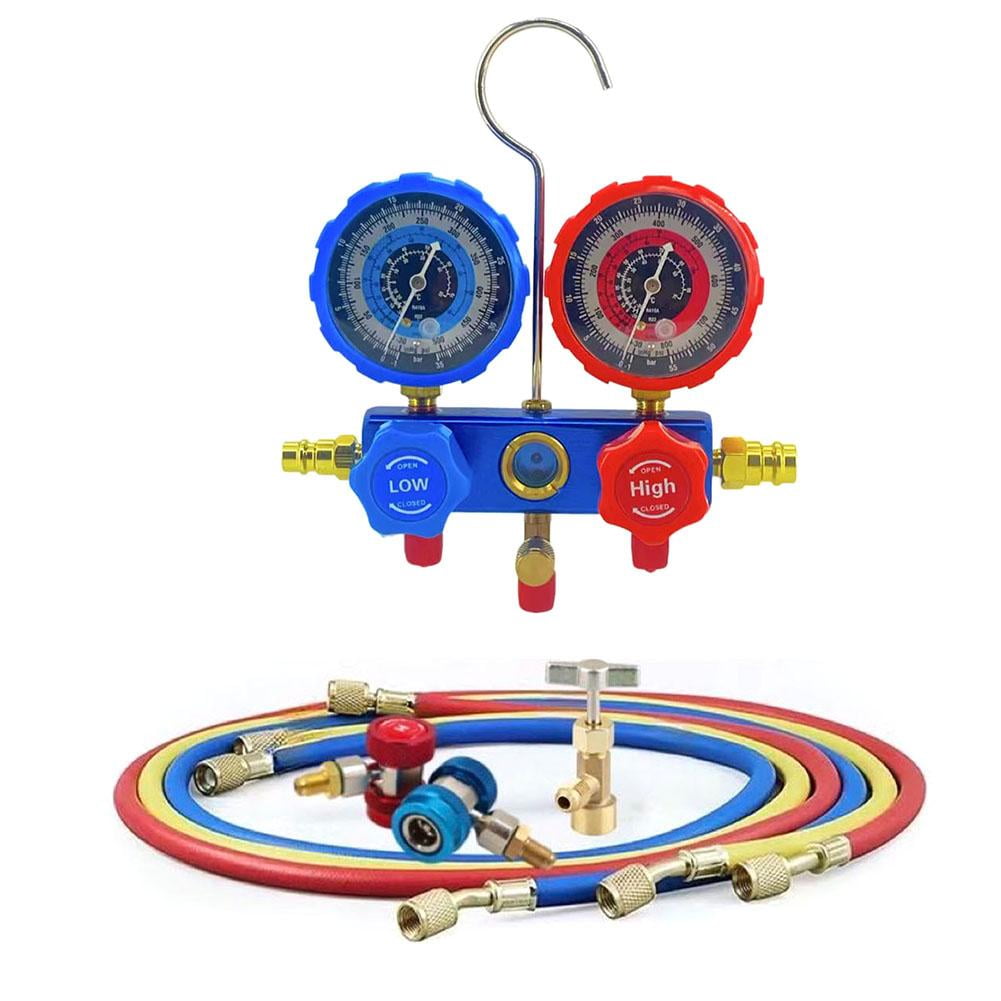 AC R1234YF Gauge Set, Automotive 4 Way R1234yf Refrigerant Recharge Kit,Auto R1234yf R134a Refrigerant Conditioner Recharge Kit, HVAC Gauges with Hoses