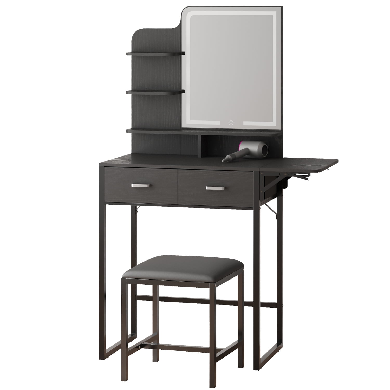 TOMNK Black Vanity Desk with Mirror, LED Lights, Storage Shelves, Drawers & Chair