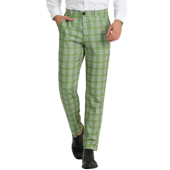 INSPIRE CHIC Men's Pants Plaid Casual Regular Fit Flat Front Stretch Checked Trousers 28 Green White