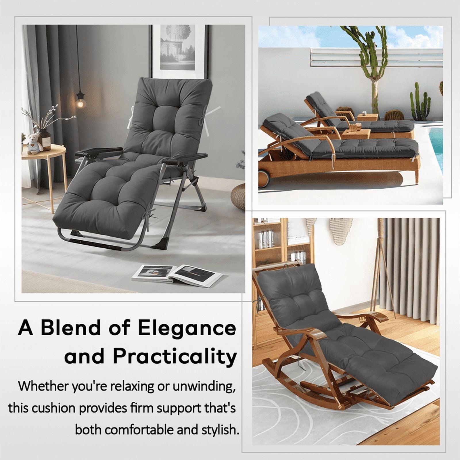 PUKNLY Chaise Lounge Chair Cushion Outdoor, 67*22*4 in Thickened Leisure Lounge Deck Chair Cushion, Waterproof & Fade-Proof Patio Pool Sun Lounger Pad with Straps, Bag, for Pool, Beach, Balcony