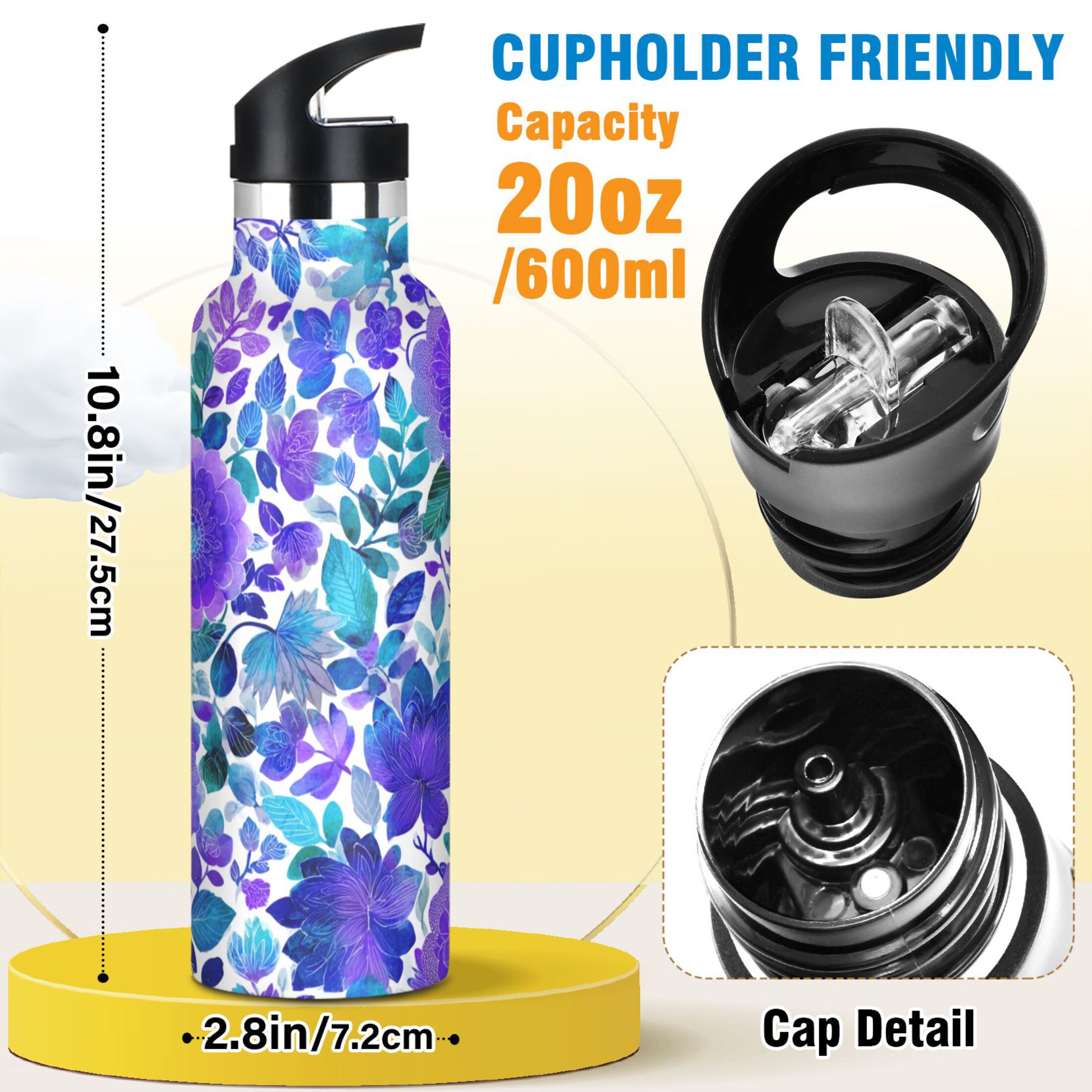 600ML Stainless Steel Insulated Cup Sports Water Bottle Portable Thermos Cup Water Glasses Insulated Tumblers Convenient and Durable Blue Watercolor Leaves