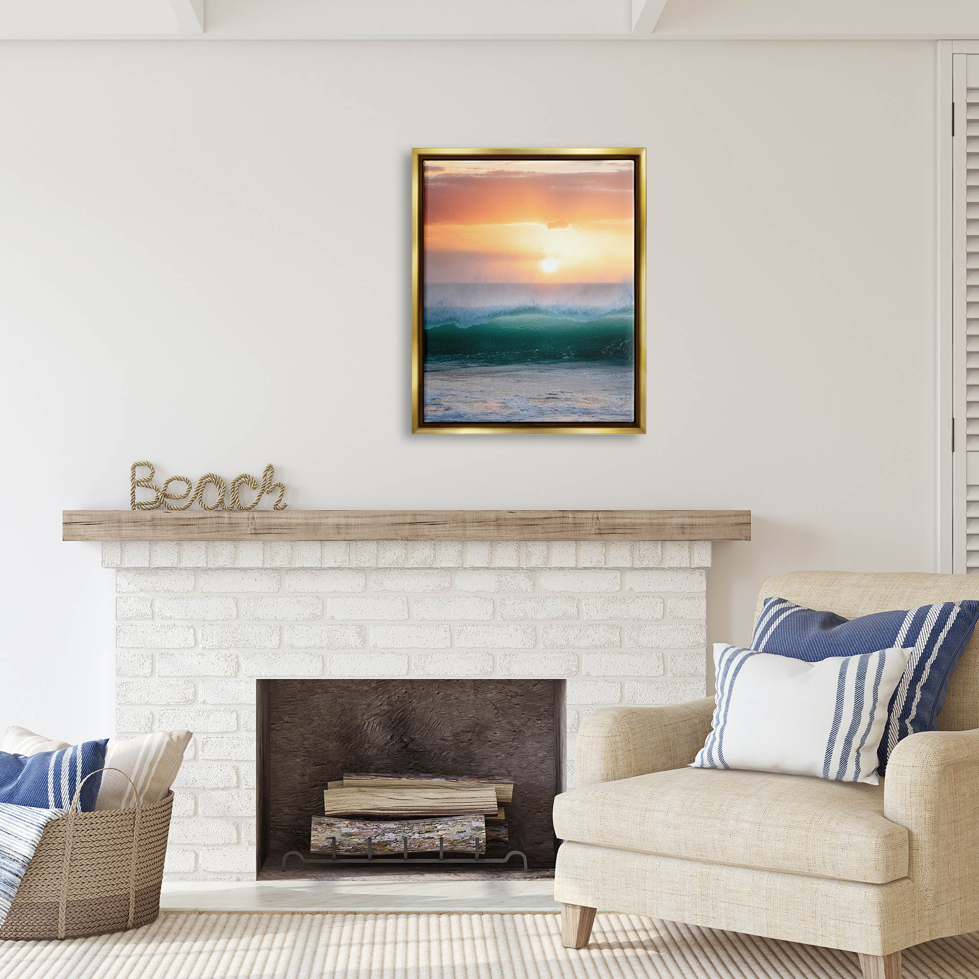 Stupell Industries Orange Sunset Rolling Ocean Waves Coastal Photography Gold Floater Framed Art Print Wall Art