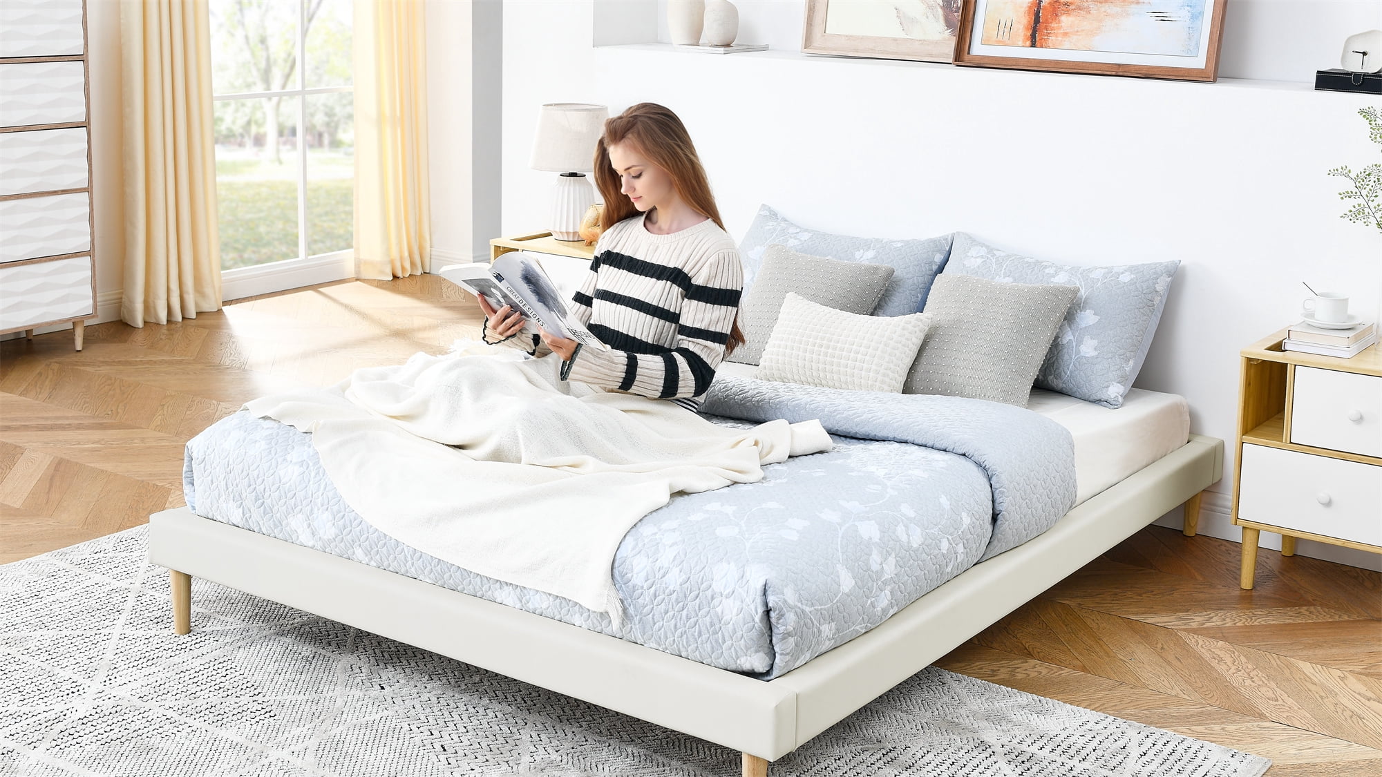 Headboard-Free Queen Platform Bed Frame with Solid Wood Slat Support, Waterproof Faux Leather Bed Base Fits 8-14 Inch Mattress, Easy 30-Min Assembly No Box Spring Required