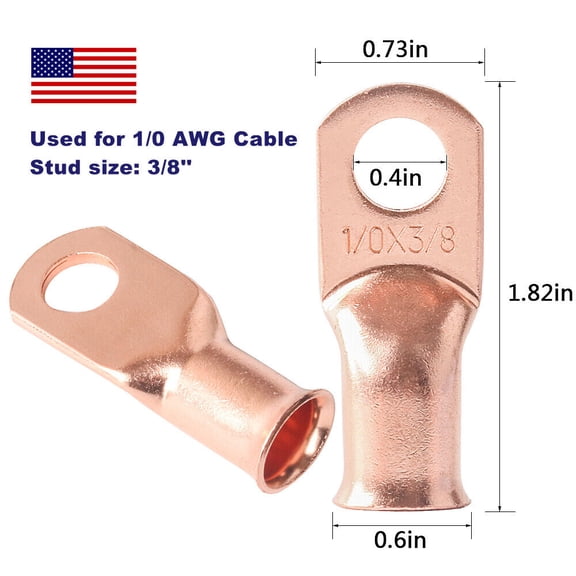 10Pcs AWG 1/0 3/8" Battery Cable Ends Lugs Bare Copper Ring Terminals Wire Gauge