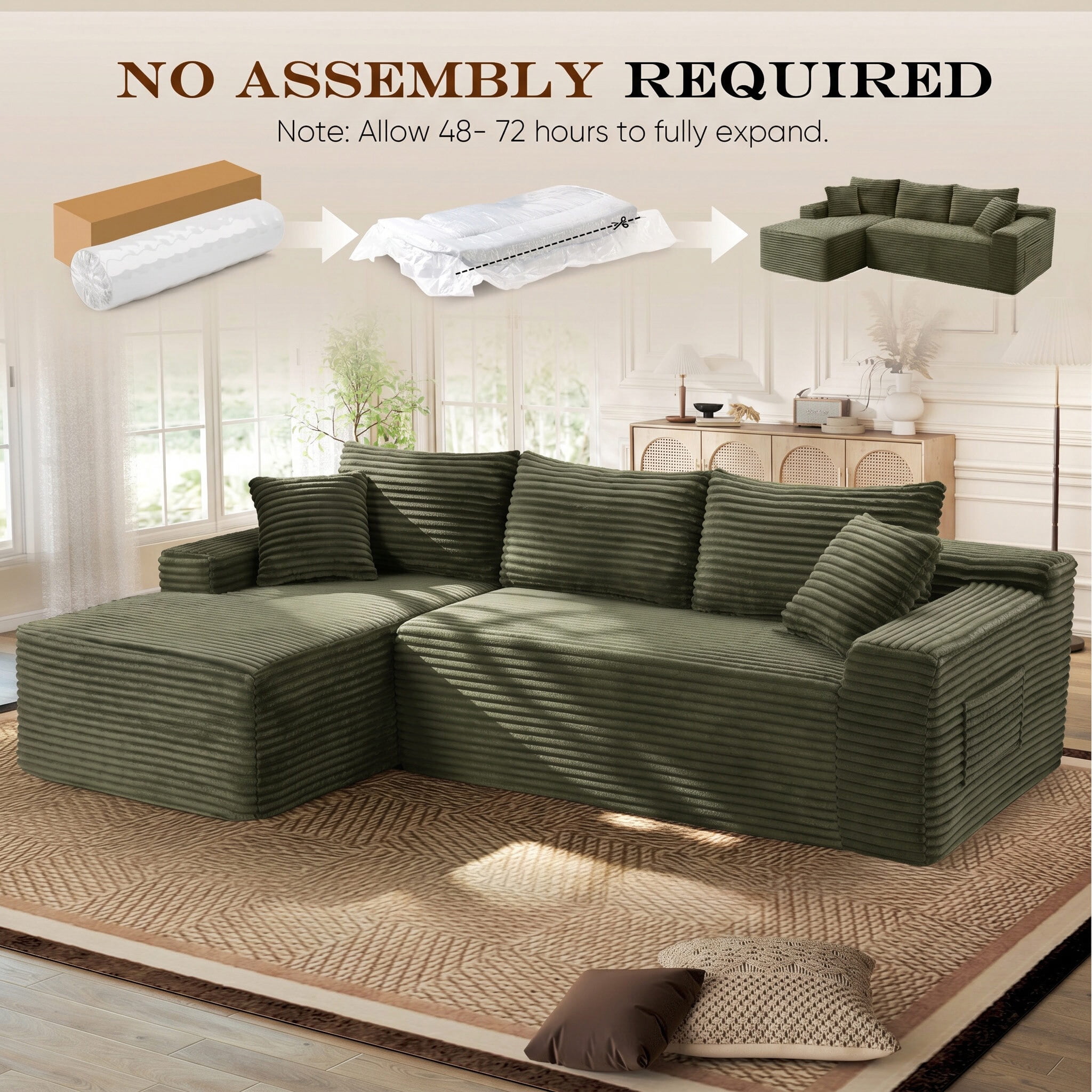 Lunale Small Modular Sectional Sofa with Movable Chaise, L-Shaped Boneless Cloud Couch for Living Room, Green (Left Facing Chaise)
