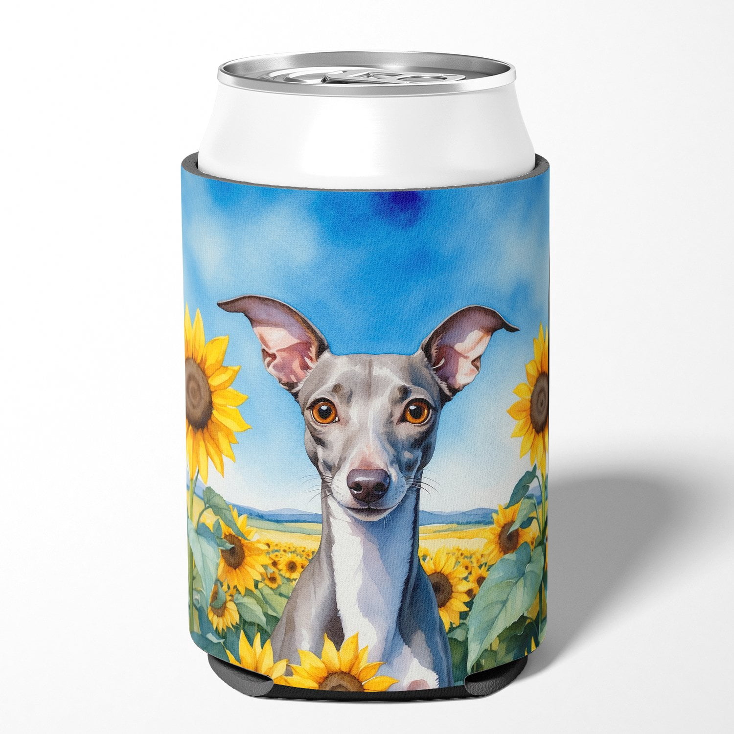 Italian Greyhound in Sunflowers Can or Bottle Hugger 3 in x 5 in
