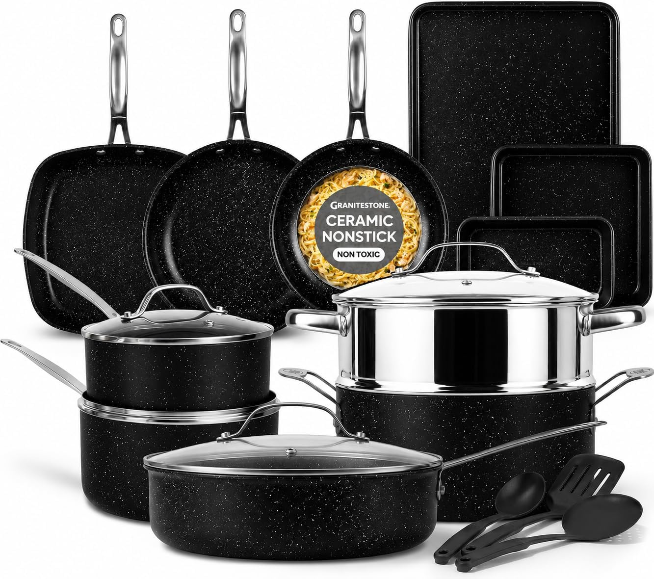Granitestone 20 Pc Pots and Pans Set Non Stick, Pots and Pans Ceramic Cookware Set with Square Pan, Pot and Pan Set with Bakeware/Utensils, Non Stick Pots and Pan Set, Oven/Dishwasher Safe, Black