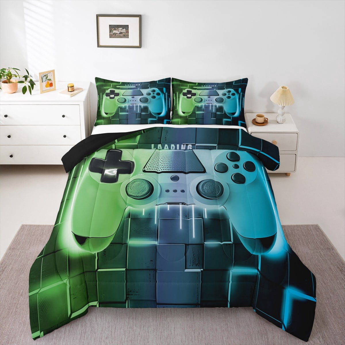 Green Teal Gaming Full Size Comforter Sets - Gamer Comforter Full Size Bedding Set, Neon Lights Abstract Geometry Design Gamer Room Decor