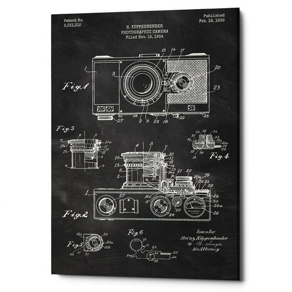 Epic Graffiti "Camera, 1936 Blueprint Patent Chalkboard" Giclee Canvas Wall Art, 12" x 18" 18" x 26"