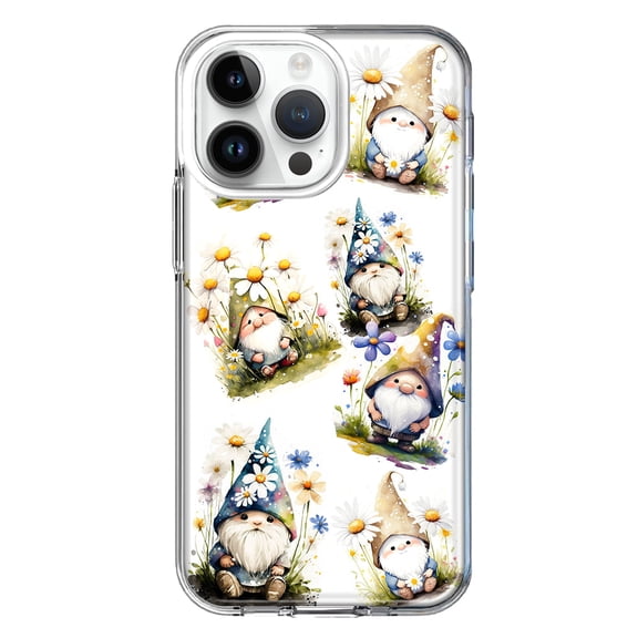 MUNDAZE Case for Apple iPhone 15 Pro Max Slim Hard Shell Soft TPU Hybrid Shockproof Heavy Duty Protective Phone Cover - Cute White Blue Daisies Gnomes