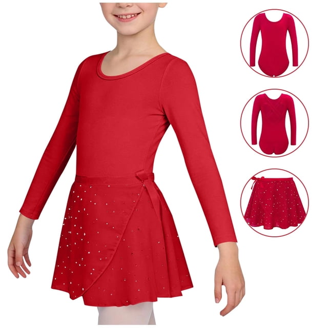 Conjuntos de blusas y camisas de cuello redondo y manga larga Ropa de baile para niñas Vestido de práctica de red con lentejuelas de manga larga con espalda en forma de corazón Conjunto de dos piezas