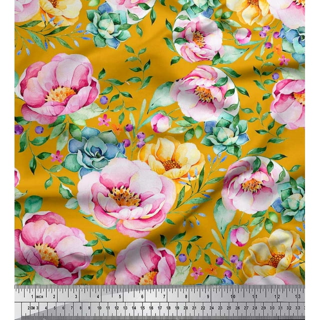 Soimoi Gold polyester Crepe Fabric Leaves & Floral Print Fabric by The Yard 52 Inch Wide