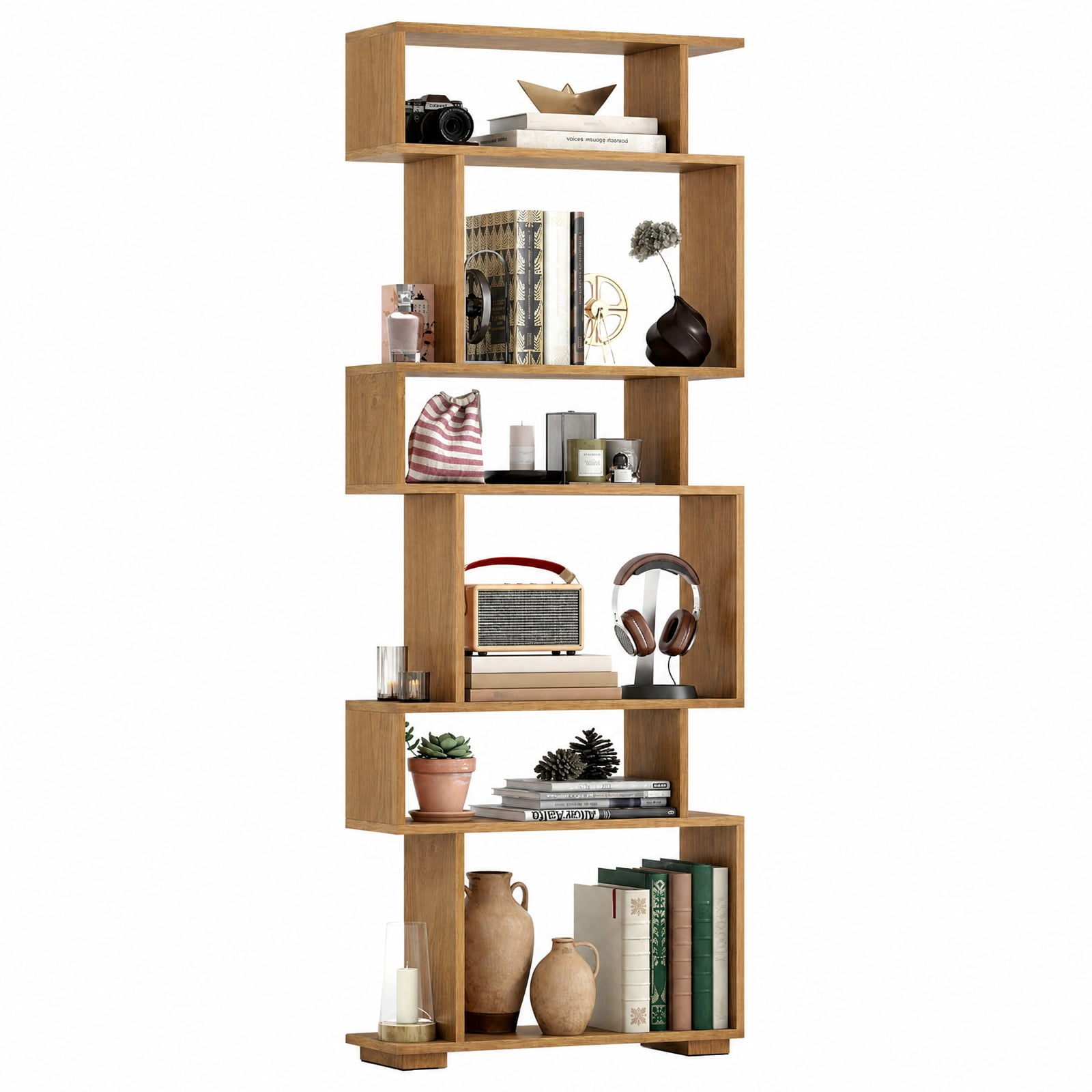 Furnibear 6-Tier Geometric Bookshelf with 2 Anti-Tipping Kits for Home Office for Living Room Home Office Bedroom Display Storage Shelf, Natural