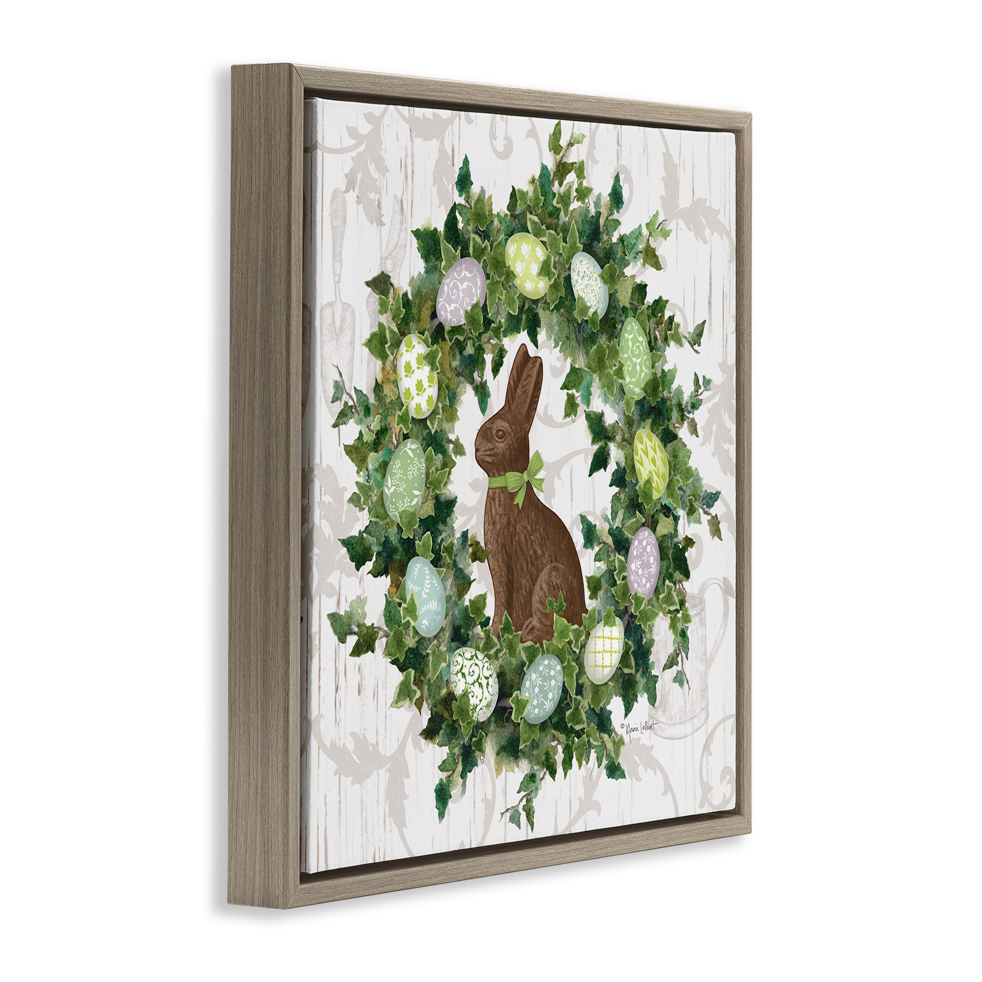 Stupell Industries Spring Easter Egg Wreath Botanical & Floral Painting Brown Floater Framed Canvas Art Print Wall Art, 18 x 18