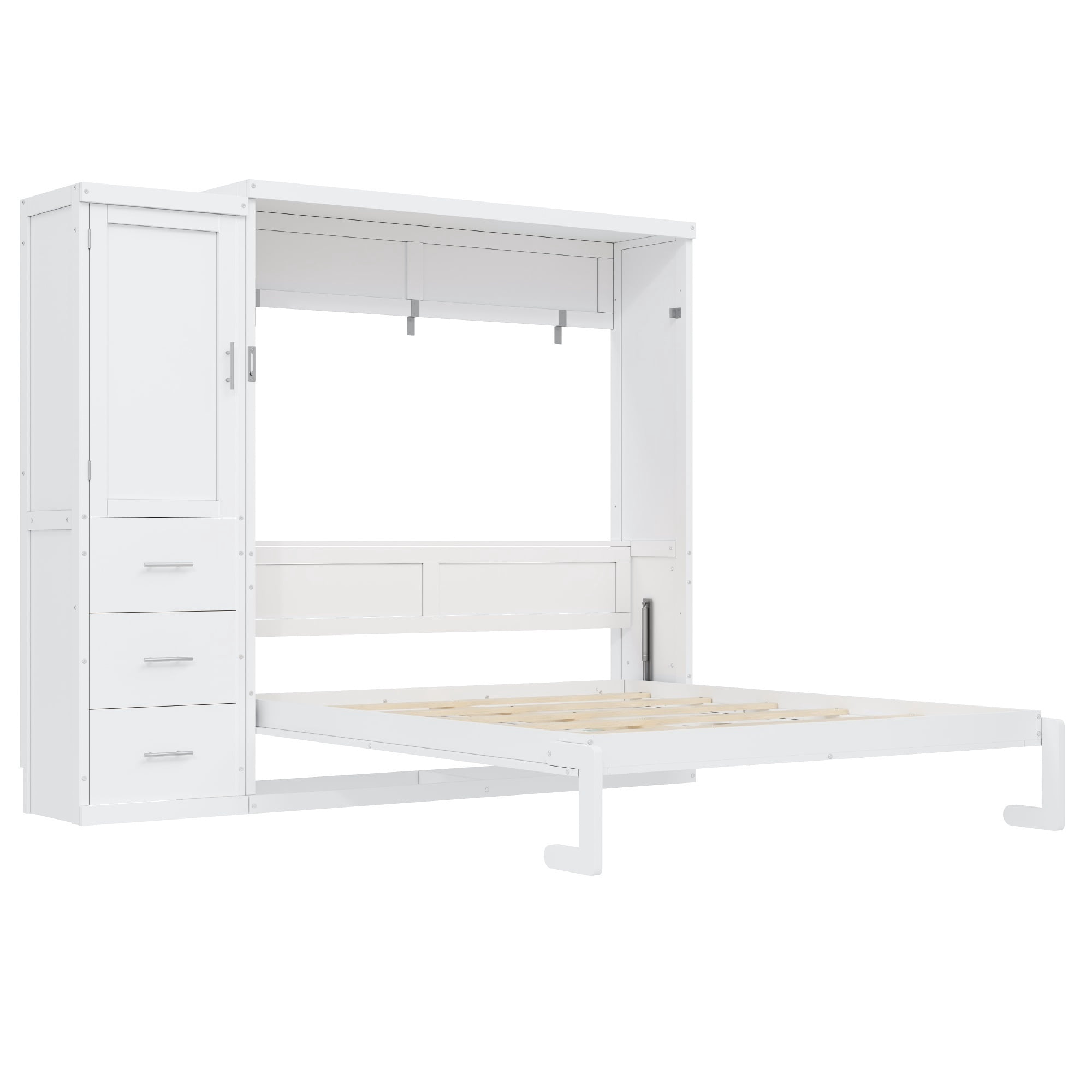 Euroco Wood Queen Size Murphy Bed with Drawer, Convertible Bed into Cabinet with USB Charging Station, White