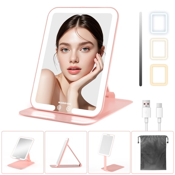 Lighted Travel Makeup Mirror, Rechargeable Portable Folding Mirror with Lights, 3 Colors Lighting Compact Mirror with 58 LEDs, Multiple Angles and High Adjust,High Capacity 1500mAh