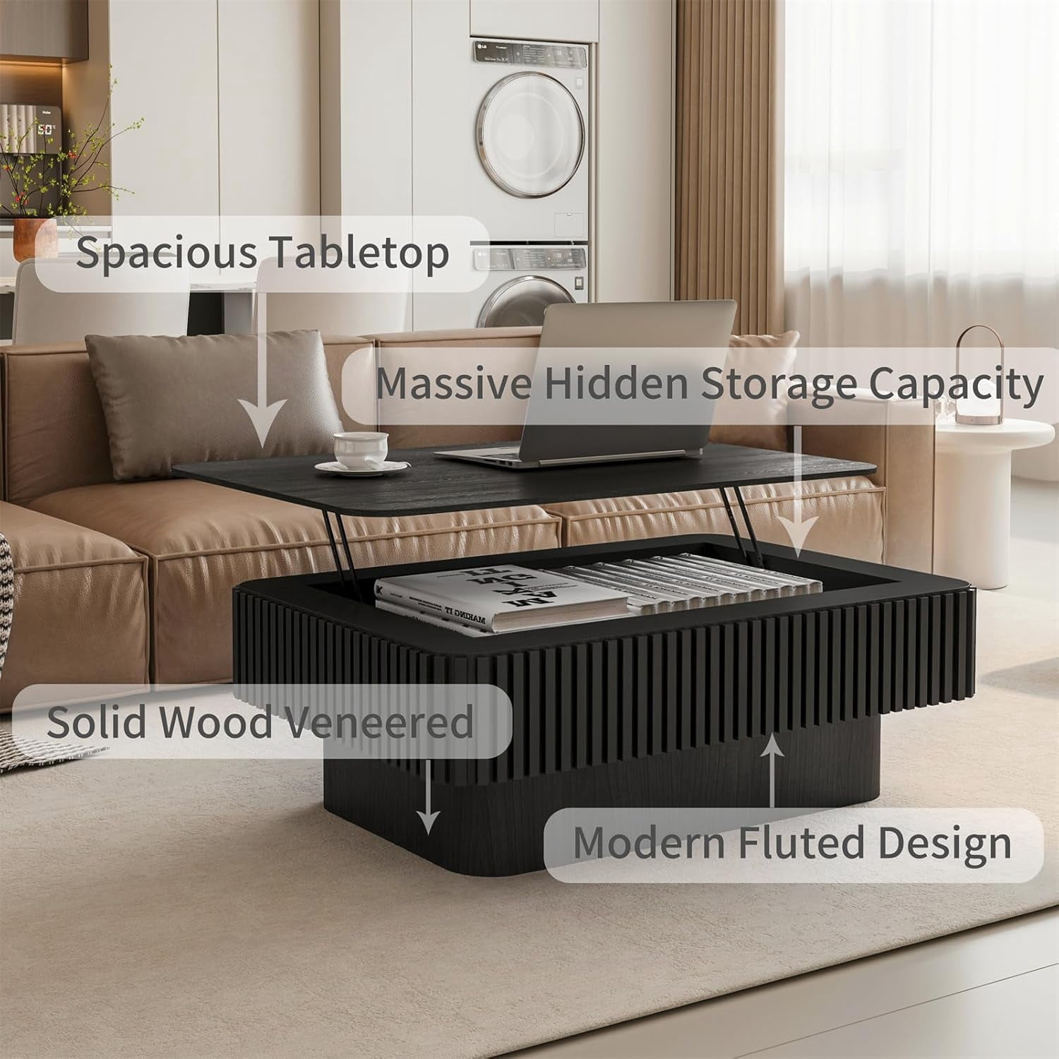 BMJDM Mid-Century Lift Top and Storage Solid Wood and MDF Coffee Table with Hardware and Installation Instructions, Black