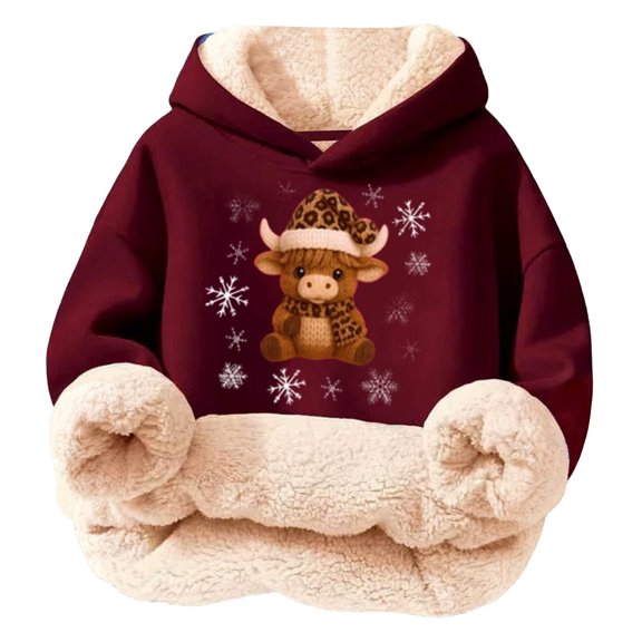 Wdgfv Christmas Sweatshirts Girls Christmas Sweater Girls Highland Cow Hoodies Sherpa Lined Pullover Tops 7-8 Years