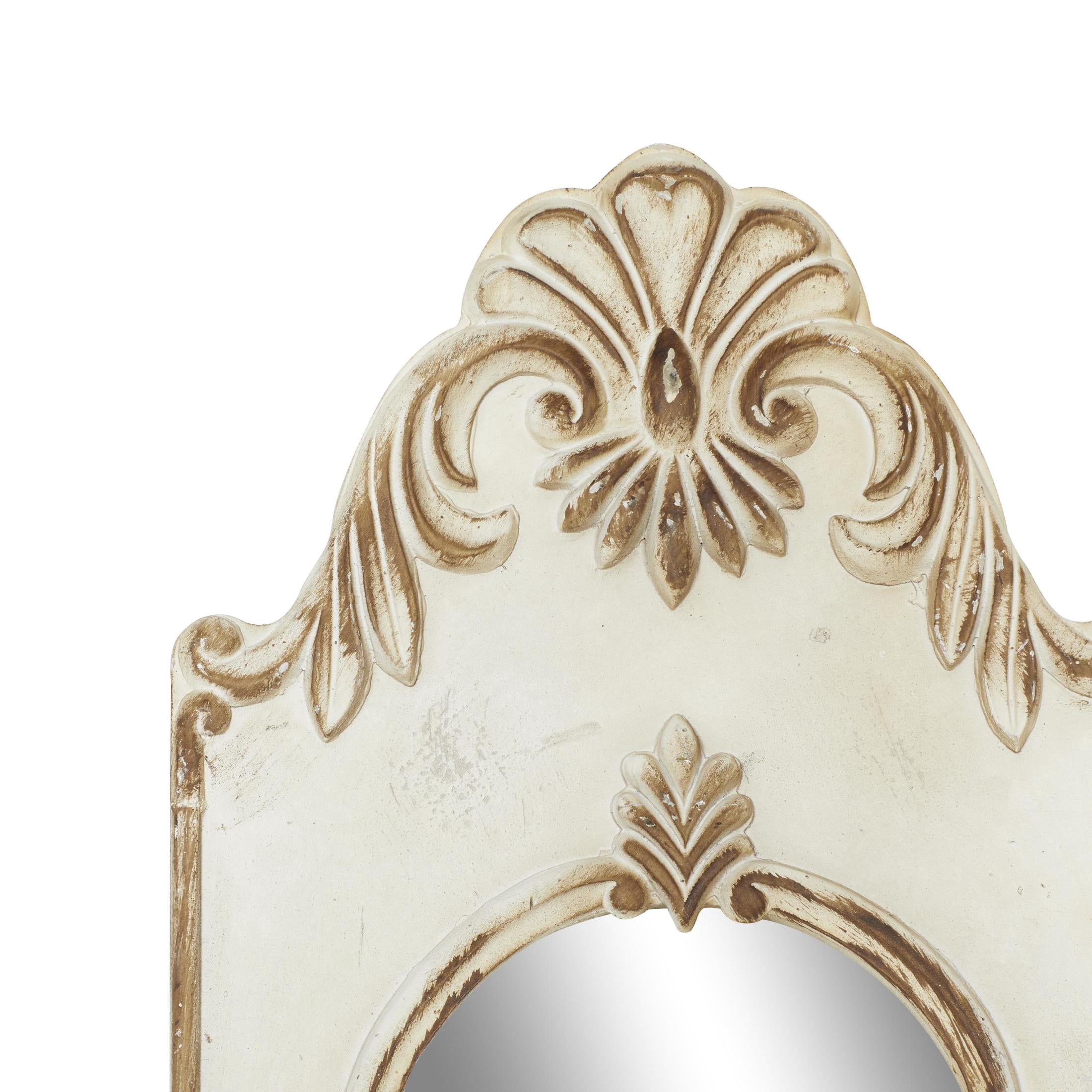 DecMode 16" x 72" White Slim Oval Vintage Style Floral Wall Mirror with Carved Brown Scrollwork
