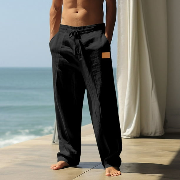 Ceisia Men's Relaxed Wide-leg Vacation-style Gift Linen Casual Pants Breathable Leather Label Decor Multi-Color