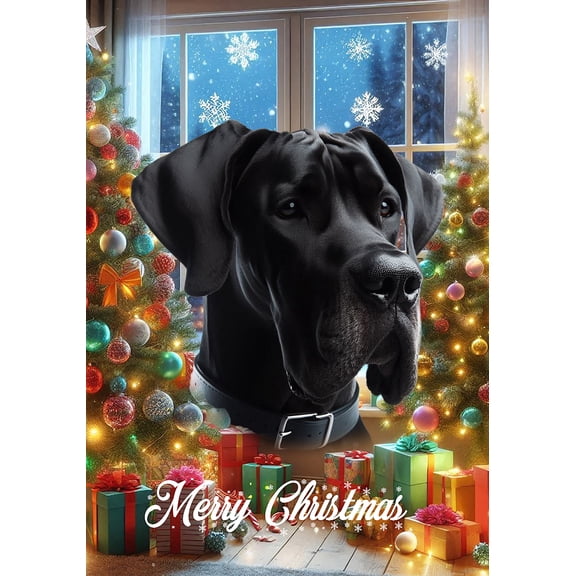 Great Dane Black Uncropped - Best of Breed  Christmas House Flag 28" x 40"