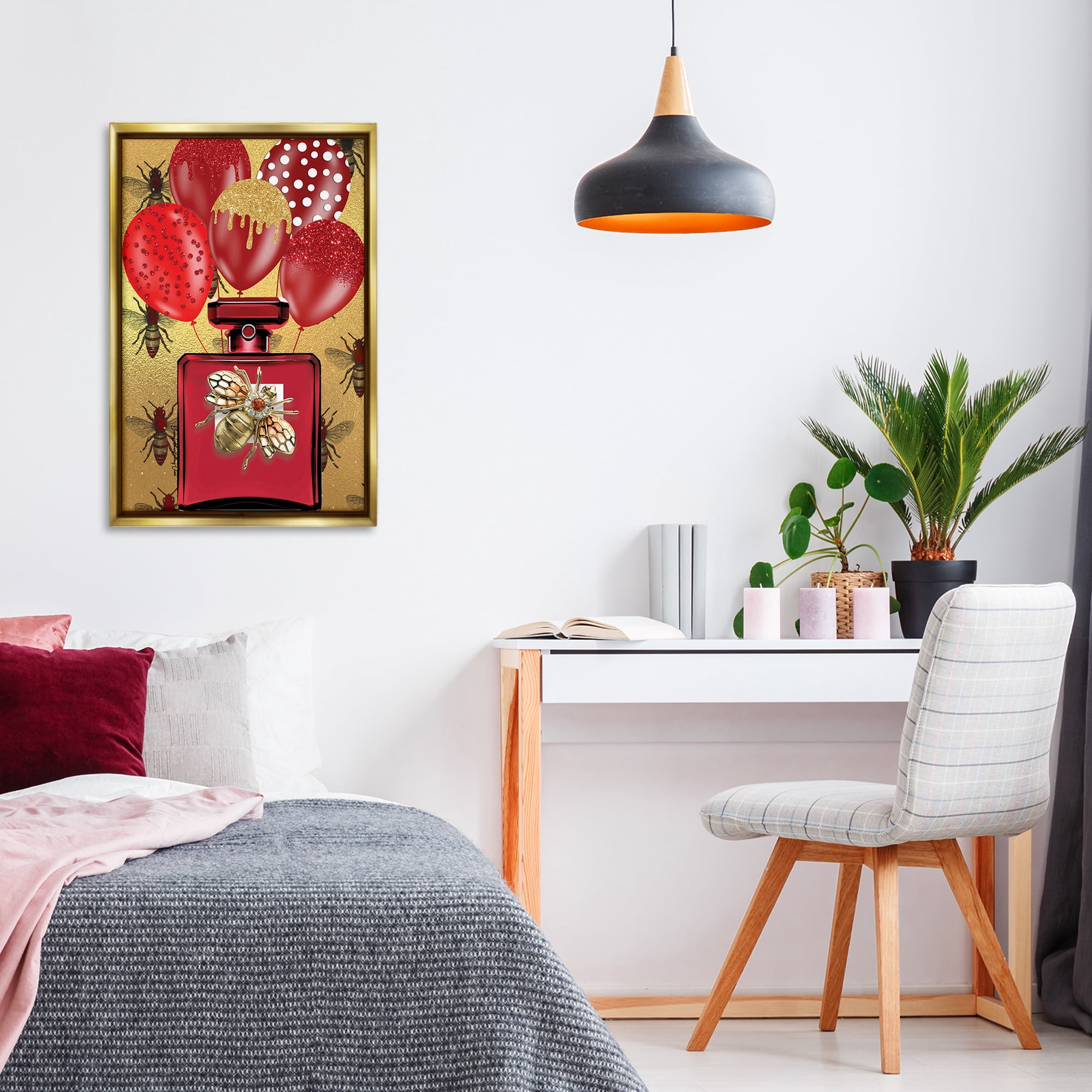 Stupell Industries Glam Red Bee Perfume Fashion Painting Gold Floater Framed Canvas Art Print Wall Art, 21 x 31