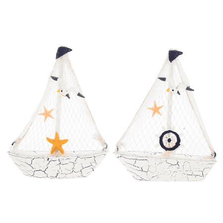 MERRYHAPY White Mediterranean Wooden Sailboat Model Set 2 Pieces Nautical Decor for Home Office Coastal Style Decoration