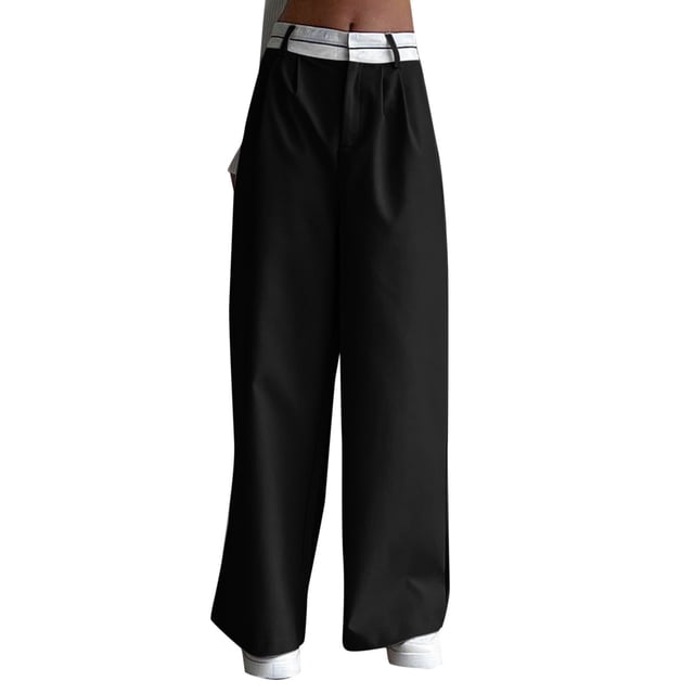 Gibobby pantalones termicos mujer Pantalones casuales de moda de color sólido para mujer Pantalones de traje de trapeador de piso de diseño (Negro, XL)